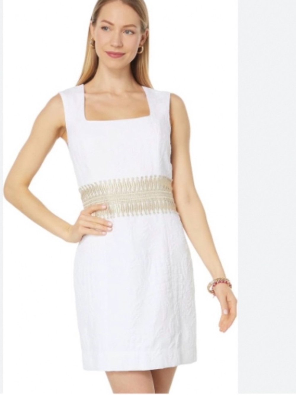 Lilly Pulitzer White Sleeveless Square-Neck Mini Dress with Gold Waist Trim